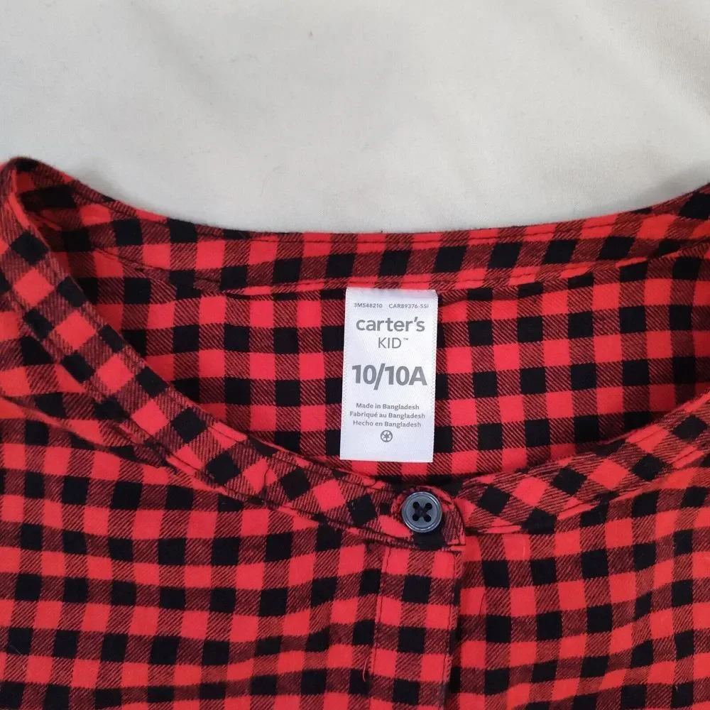 Carter's Kid Plaid Dress Girls 10 Red‎ Black Buffalo Check Long Sleeve Button Up